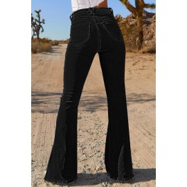 Letter Print Side Split Distressed Flare Jeans