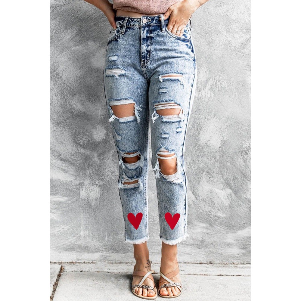Acid Wash Ripped Heart Print Jeans