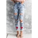 Acid Wash Ripped Heart Print Jeans