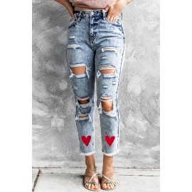 Acid Wash Ripped Heart Print Jeans