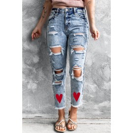 Acid Wash Ripped Heart Print Jeans