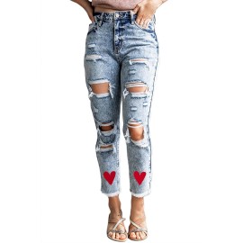 Acid Wash Ripped Heart Print Jeans