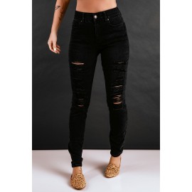Black Distressed Ripped Slim High Waist Jeans