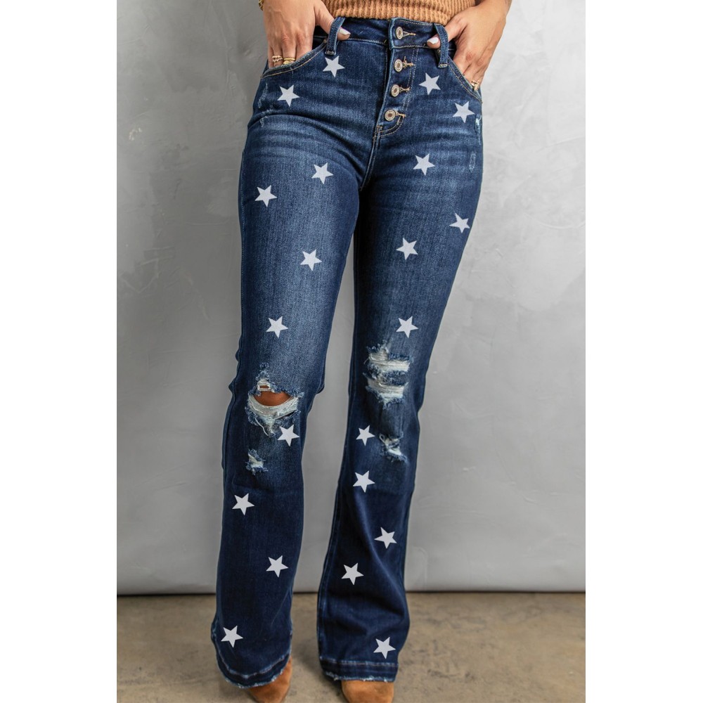 Blue Star Print Button Fly High Rise Distressed Flare Jeans