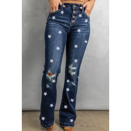 Blue Star Print Button Fly High Rise Distressed Flare Jeans