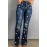 Blue Star Print Button Fly High Rise Distressed Flare Jeans
