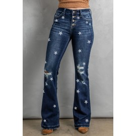 Blue Star Print Button Fly High Rise Distressed Flare Jeans
