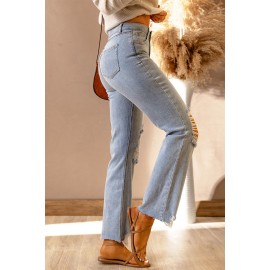 Sky Blue Light Wash Ripped High Waist Straight Leg Jeans