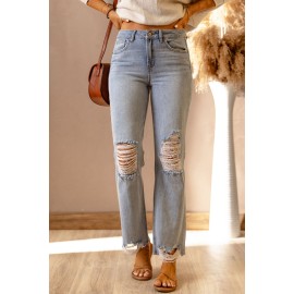 Sky Blue Light Wash Ripped High Waist Straight Leg Jeans
