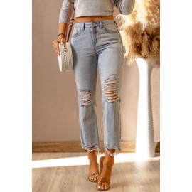 Sky Blue Light Wash Ripped High Waist Straight Leg Jeans