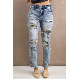 Sky Blue Western Pattern Patchwork Straight Leg Jeans