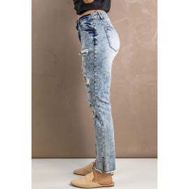 Sky Blue Western Pattern Patchwork Straight Leg Jeans