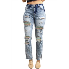 Sky Blue Western Pattern Patchwork Straight Leg Jeans