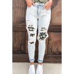 Light Blue Distressed Halloween Print Patch Pocket Zipper Jeans