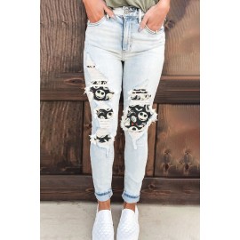 Light Blue Distressed Halloween Print Patch Pocket Zipper Jeans