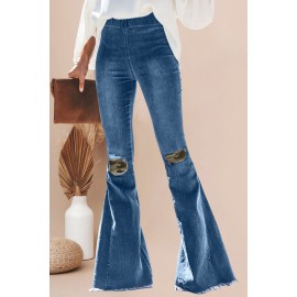 Green Camo Patchwork Bell Bottom Jeans With Frayed Hem 