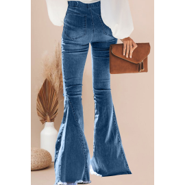 Green Camo Patchwork Bell Bottom Jeans With Frayed Hem 