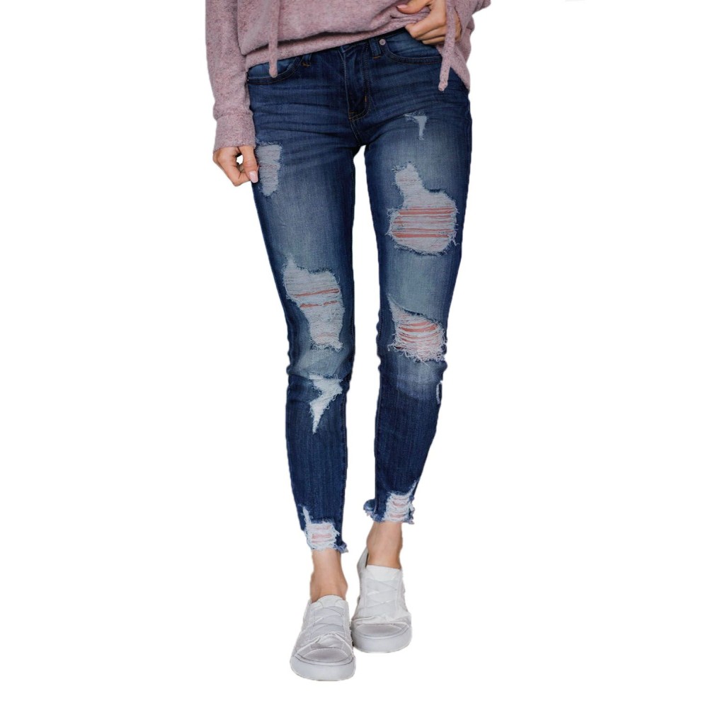 Slate Blue Wash Frayed Hem Distressed Jeans