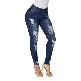 Slate Blue Wash Frayed Hem Distressed Jeans