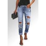 Sky Blue Distressed Straight Leg Jeans