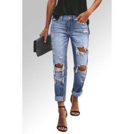 Sky Blue Distressed Straight Leg Jeans