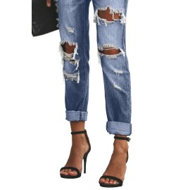 Sky Blue Distressed Straight Leg Jeans