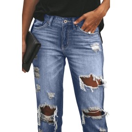 Sky Blue Distressed Straight Leg Jeans
