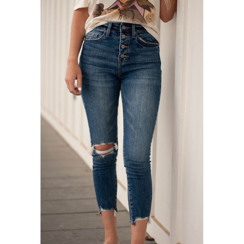Blue Button Fly High Waist Ripped Skinny Fit Ankle Jeans