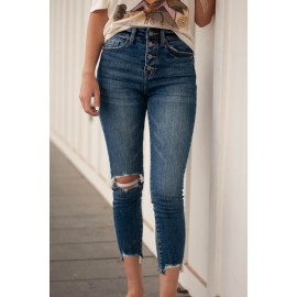 Blue Button Fly High Waist Ripped Skinny Fit Ankle Jeans