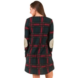 Contrast Elbow Patch Green Plaid Swing Dress