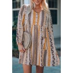 Striped Tribal Splicing Puff Sleeve V Neck Shift Dress