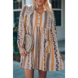 Striped Tribal Splicing Puff Sleeve V Neck Shift Dress