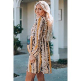 Striped Tribal Splicing Puff Sleeve V Neck Shift Dress