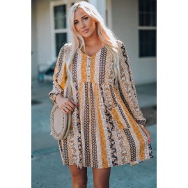 Striped Tribal Splicing Puff Sleeve V Neck Shift Dress