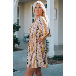 Striped Tribal Splicing Puff Sleeve V Neck Shift Dress