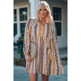 Striped Tribal Splicing Puff Sleeve V Neck Shift Dress