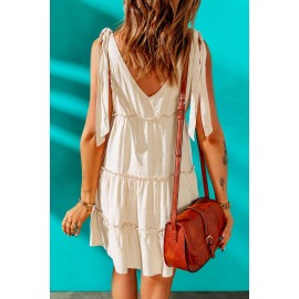 Beige Lace-up Ruffled Sleeveless Mini Dress
