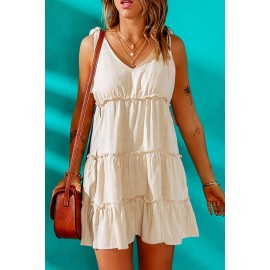 Beige Lace-up Ruffled Sleeveless Mini Dress