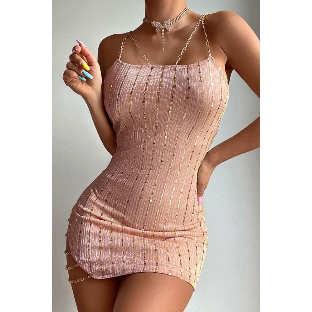 Sequin Patchwork Chain Strap Sleeveless Bodycon Mini Dress