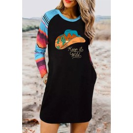 Letter Desert Hat Print Striped Long Sleeve Mini Dress