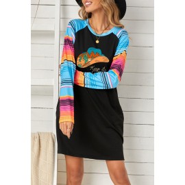 Letter Desert Hat Print Striped Long Sleeve Mini Dress