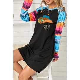 Letter Desert Hat Print Striped Long Sleeve Mini Dress
