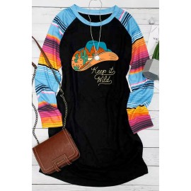 Letter Desert Hat Print Striped Long Sleeve Mini Dress
