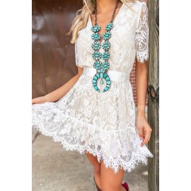 Floral Lace Crochet V Neck High Waist Mini Dress