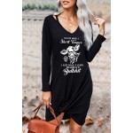 Black Bull Letter Print Cut-out Twist Knot Long Sleeve Mini Dress
