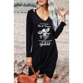 Black Bull Letter Print Cut-out Twist Knot Long Sleeve Mini Dress