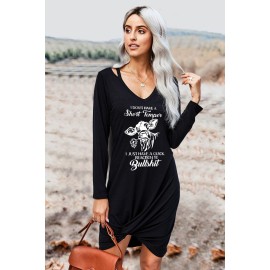 Black Bull Letter Print Cut-out Twist Knot Long Sleeve Mini Dress
