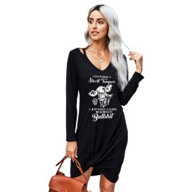 Black Bull Letter Print Cut-out Twist Knot Long Sleeve Mini Dress