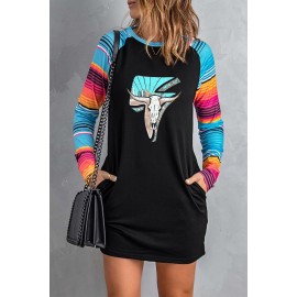 Black Western Graphic Print Striped Long Sleeve Shift Mini Dress