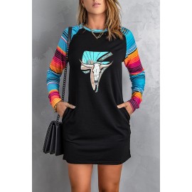 Black Western Graphic Print Striped Long Sleeve Shift Mini Dress